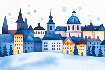 Sticker - Watercolor painting of a European town under snowfall, capturing the serene beauty of winter and holiday celebrations