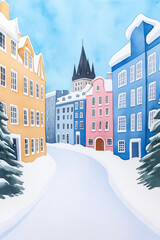 Sticker - Colorful European town street adorned with snow, perfect for illustrating winter holidays or Christmas celebrations