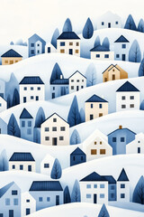 Canvas Print - Colorful winter village scene with snow-covered houses and hills, ideal for Christmas card designs and seasonal decorations