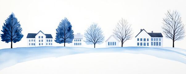 Canvas Print - Watercolor illustration of a peaceful winter village with snow-covered houses and trees, perfect for Christmas holiday greeting cards