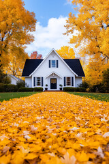 Poster - Charming white house surrounded by vibrant autumn foliage, representing the beauty of fall and the Thanksgiving season