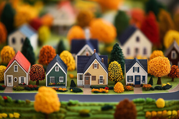 Sticker - Miniature model village with colorful houses surrounded by vibrant autumn foliage, representing community living and seasonal decoration ideas