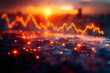 Poster - Discover and delve into an artistic stock chart that beautifully illustrates the dynamic trends of the financial market at sunset