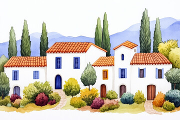 Sticker - Watercolor painting of charming Mediterranean village houses with red-tiled roofs, evoking a peaceful summer holiday ambiance