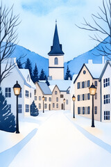 Sticker - A charming, snowy village scene with festive streetlights and a church steeple, perfect for Christmas holiday themes