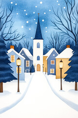 Sticker - Wintery village scene with a church and snowy streets, perfect for Christmas holiday cards or festive decorations