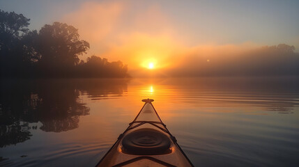 Serene morning kayak trip, witnessing a breathtaking sunrise over the calm waters, peaceful and tranquil.