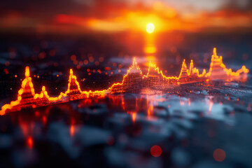 Poster - Discover and delve into an artistic stock chart that beautifully illustrates the dynamic trends of the financial market at sunset