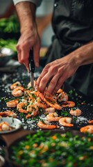 Wall Mural - Chef cooking seafood stir fry in a pan in the kitchen