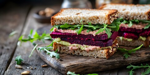 Vegan sandwich with avocado, red cabbage and beetroot, Vegan sandwiches with beetroot hummus