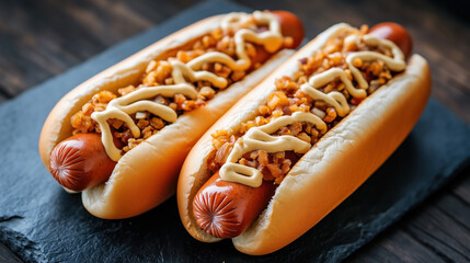 Poster - Traditional American food hot dog. The image shows two hot dogs with sausages in soft buns, topped with crispy fried onions and a drizzle of yellow mustard.