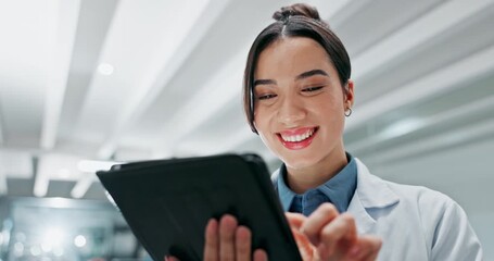Aufkleber - Asian woman, happy and tablet in laboratory for science, research and review or results. Future, internet and scientist with digital app for healthcare, development and reading or scroll for career