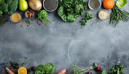 Healthy food clean eating selection on dark background. Top view, flat lay