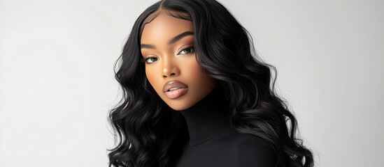 Attractive woman posing in a studio wearing a black turtleneck 