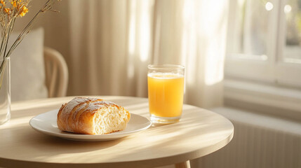 Homemade bread on a white table next to an orange juice glass on a modern round wooden table and sun light coming in