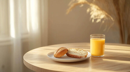 Homemade bread on a white table next to an orange juice glass on a modern round wooden table and sun light coming in