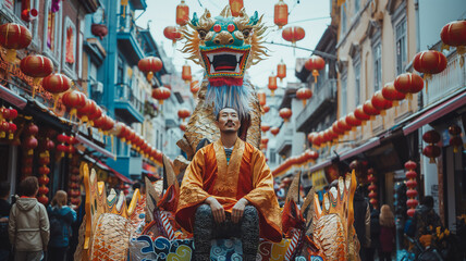 Wide shot of a man wearing a dragon mask during Chinese New Year celebration with a traditional decorated street in the background