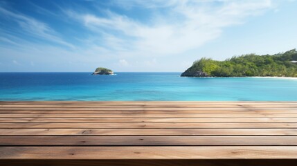 Poster - Wood table top on blur beach background