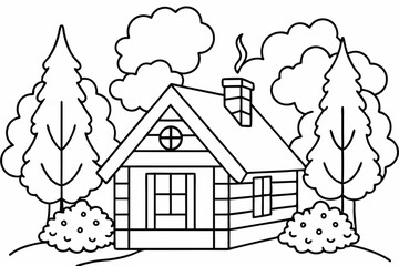 Wall Mural - Coloring book pages for kids, A cozy cabin colorful autumn trees surrounding it vector illustration