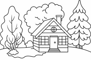 Wall Mural - Coloring book pages for kids, A cozy cabin colorful autumn trees surrounding it vector illustration