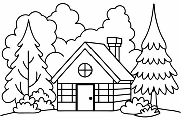 Wall Mural - Coloring book pages for kids, A cozy cabin colorful autumn trees surrounding it vector illustration