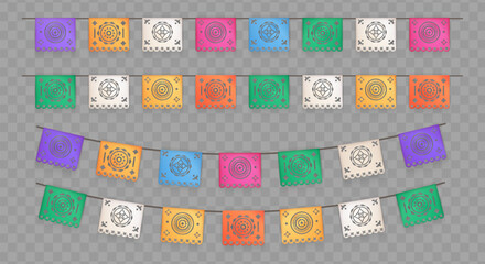 3d realistic papel picado, a traditional Mexican decorative craft made of paper cut into intricate designs. Buntings, garlands for celebrations and festivities isolated on transparent background