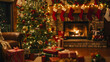 © HNXS Digital Art - Cozy Christmas Living Room with Decorated Tree, Stockings, Fireplace, and Holiday Gifts on a Festive Winter Evening
