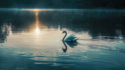 Serene Swan Sunrise: A majestic swan glides across a tranquil lake, bathed in the golden glow of sunrise, its reflection mirroring the beauty of the dawning day.