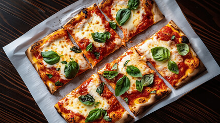 Sticker - Traditional Italian food Pizza Margherita. The image shows rectangular slices of pizza topped with tomato sauce, melted mozzarella cheese, and fresh basil leaves.