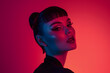 © HNXS Digital Art - Fashionable Woman with Red and Blue Lighting, Glamorous Makeup, Elegant Hairstyle, Model Posing, Beauty and Fashion Photography