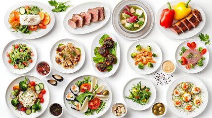 Big set of different meals on a white background. Top view.