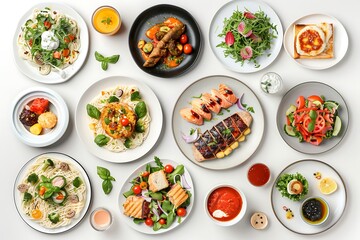 Big set of different meals on a white background. Top view.