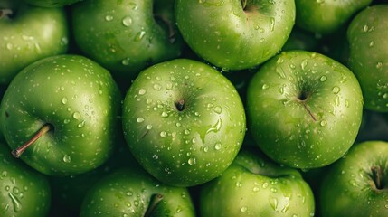 Wall Mural - Fresh green apples with tiny water droplets glisten in the light