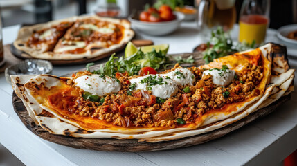 Wall Mural - Traditional Turkish food Lahmacun. Thin, round flatbread topped with minced meat, vegetables, and herbs, served with a side of fresh greens.