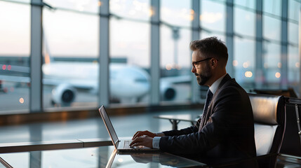 Businessman working on laptop at airport terminal with airplane in background, preparing for travel, business trip, remote work, and productivity on the go.