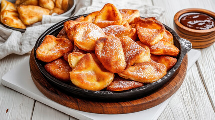 Wall Mural - Traditional Russian food Ponchiki, round golden-brown doughnuts with powdered sugar on top, served on a plate with a side of dipping sauce.