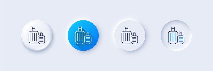 Wall Mural - Baggage line icon. Neumorphic, Blue gradient, 3d pin buttons. Travel luggage sign. Journey bag claim symbol. Line icons. Neumorphic buttons with outline signs. Vector