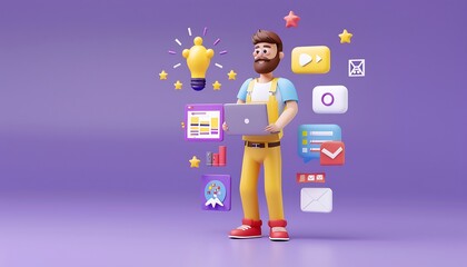 Man with laptop and social media icons on violet background.