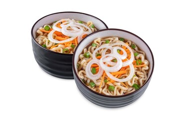 Wall Mural - Ramen noodles with carrots and onion slices in a bowl on a white isolated background