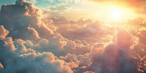 Wall Mural - A tranquil and picturesque scene captured in the sky with fluffy clouds and a radiant sun shining through