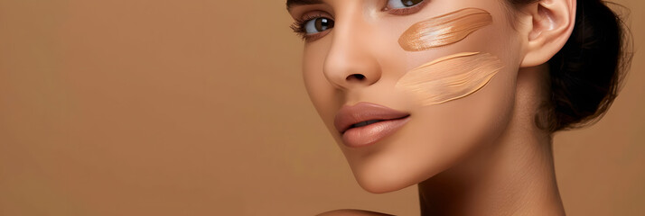 Woman with swatches of foundation on face against brown background, closeup