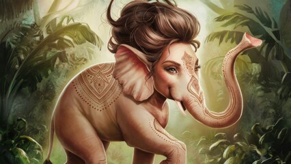 Wall Mural - A painting of an elephant with a woman's hair on its back, AI