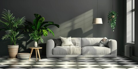 Poster - Plants on checkered carpet in a grey living room with stool and lamp above sofa