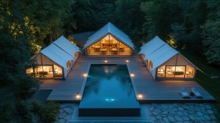 modern italian tent villa resort, lined up around an italian chateau single floored, at the centre there is a well lit fountain pool, and the tents are at each side. 