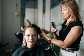 Wall Mural - Professional hairdresser working on fashionable image for female customer with long blonde hair in beauty salon. Portrait of hairstylist combing client hair after applying paint with brush.