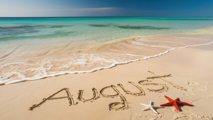 Sticker - A beach with a starfish and the word august written in sand, AI