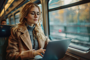 A woman working on her laptop on the bus commute