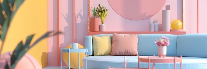 Poster - 3d render of furniture sale banner with beds, couches, armchairs on pastel background