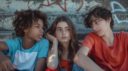 Wall Mural - Group of young people sitting together, enjoying each other's company