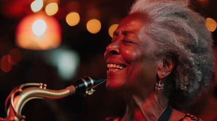 A skilled musician plays her saxophone with passion, illuminated by glowing lights in a lively atmosphere